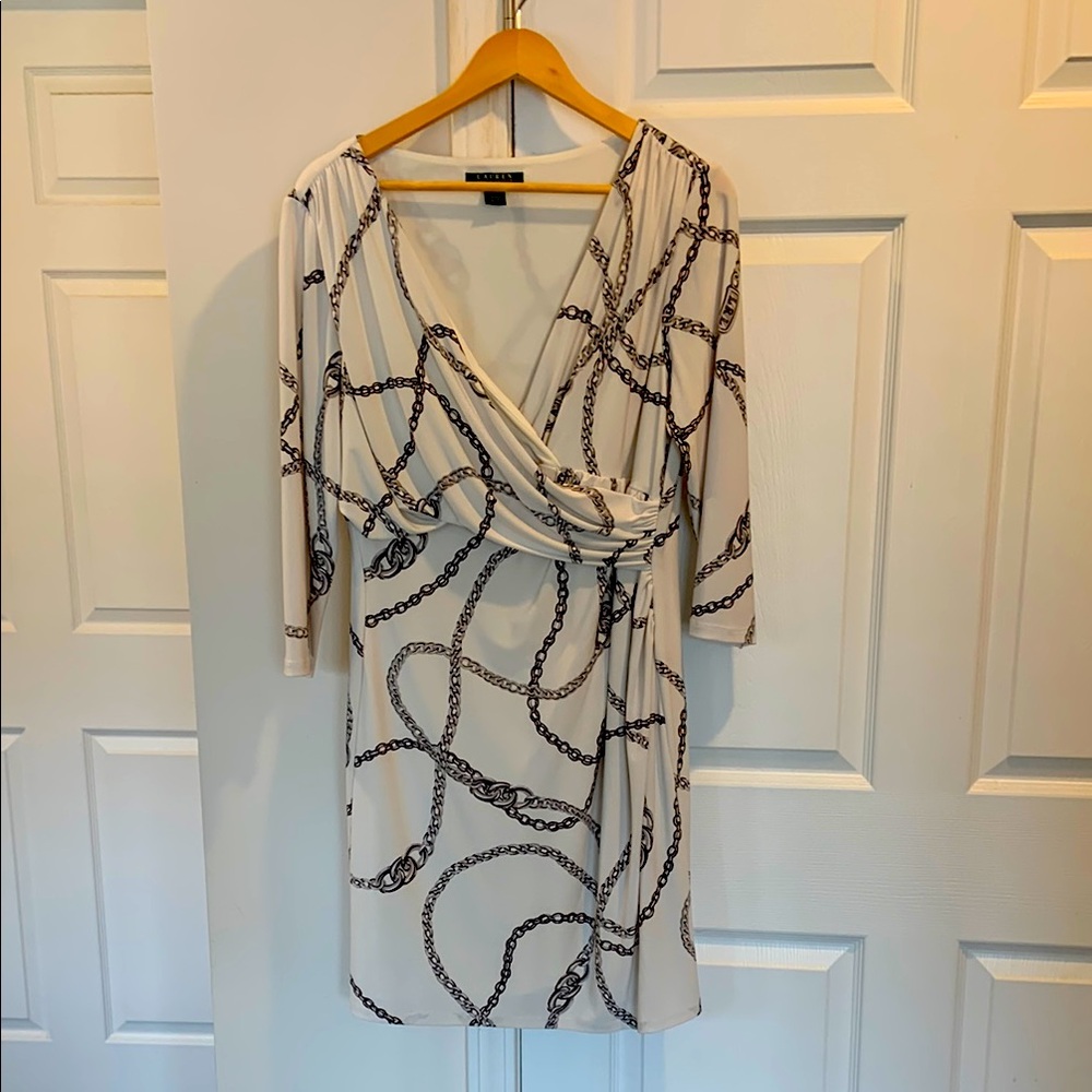 Lauren Ralph Lauren Cream and Black Chain Print Midi Dress